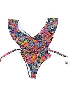 Eloquii Tropical Floral Ruffle One-Piece Swimsuit in Pink, Yellow, Blue